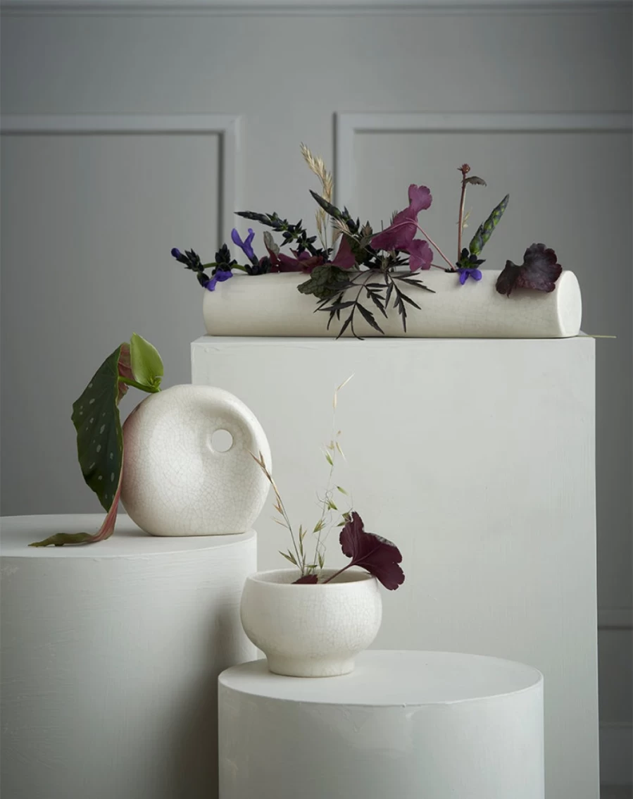 Robert Gordon White Crackle Flower Log Ceramic Vase - Handcrafted Home Decor